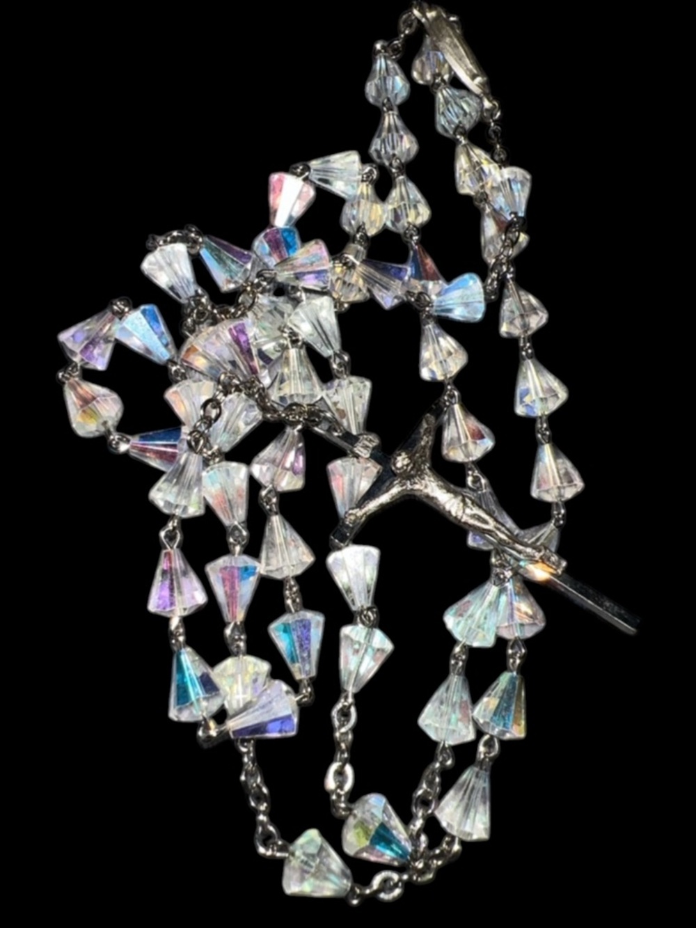Vintage AB Iridescent Cut Crystal Bicone Silver Rosary Rosaries Necklace 30”